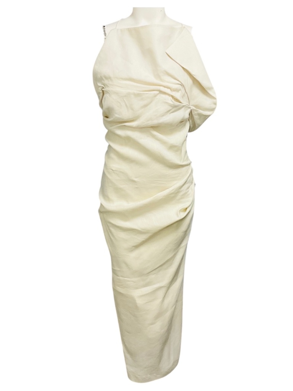 JACQUEMUS ECRU LA BOMBA ASYMMETRIC LINEN MIDI DRESS